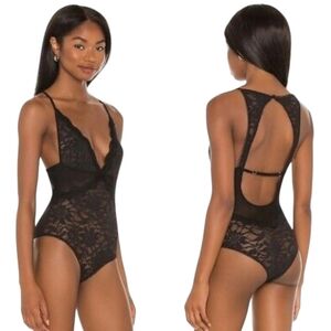 Free People Black Lace Bodysuit Speed Date Sleeveless Lingerie NWT Plunge Neck S